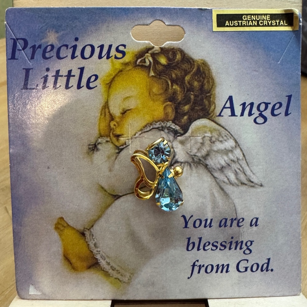 Precious Little Angel Pin – Blue Austrian Crystal Gold-Tone Brooch NIP